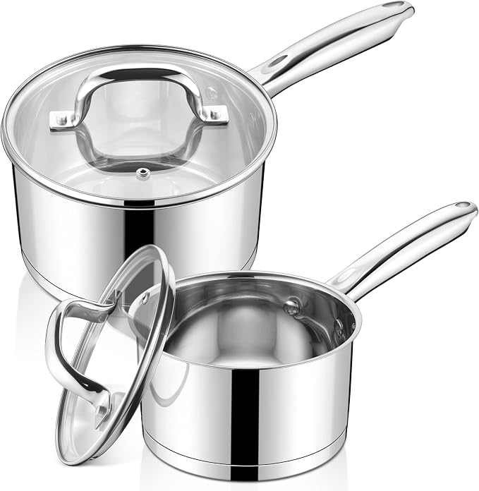 LIANYU Stainless Steel Saucepan Set of 2, 1QT & 3QT Sauce Pan with Lid, Tri-Ply Bottom Milk Pot, All Stove Compatible, Oven & Dishwasher Safe by LIANYU