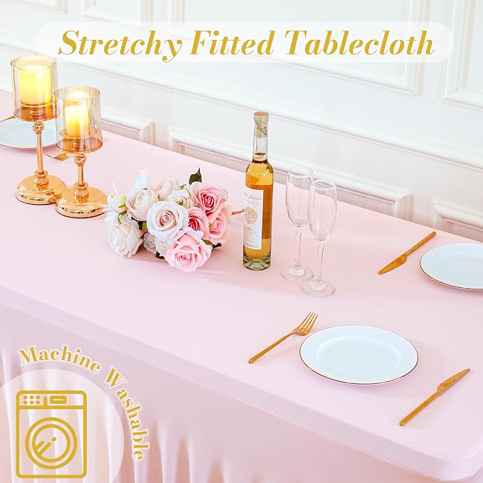 2 Pack Pink Table Cloth for 8 Foot Rectangle Tables Spandex Fitted Tablecloth 8ft Stretch Table Covers Skirt Pink Banquet Tablecloths Wrinkle Free Tablecloth for Party Wedding Birthday Event - Image 6