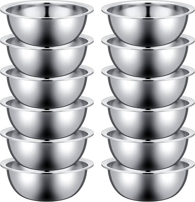 Pinkunn Stainless Steel Mixing Bowls Set, 11.8 x 3.74 Inch, 12 Pcs | Reusable Metal Salad Bowls for Baking Food Storage,Silver Prep Bowls for Sauces,Same Size,Rolled Edge,Flat Bottoms,Nesting by Pinkunn