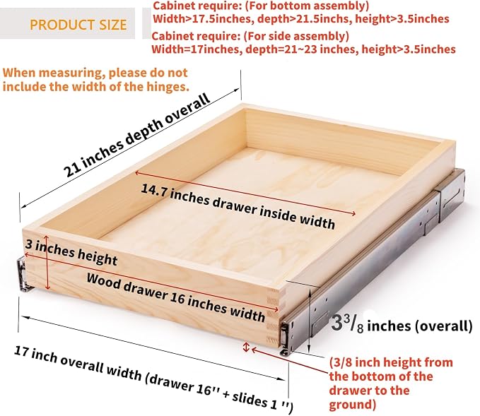Mulush 16”W x 21”D x 3‘’H Soft Close Slide Out Wood Drawer Organizer for Kitchen, Finished, (Cabinet Opening>17.5 inches for Bottom Assembly, Opening= 17 inches for Side Assembly) - Image 3