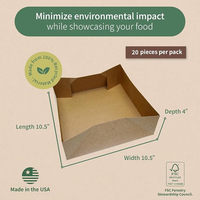 FC Meyer Food Service Trays, Earth-Friendly Disposable Brown Food Tray, Made from Recycled Materials, Versatile Food Packaging for large takeout food orders, Bun Tray, 10.5″ x 10.5″ x 4″, Pack of 20 - Image 2