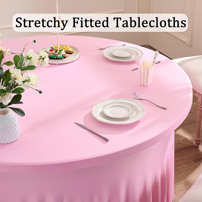 12 Pack Baby Pink Spandex Round Tablecloths for 60 inch Table, Wrinkle Free Stretchy 120inch Fitted 5FT Round Table Cloths Cover with Skirt for Wedding Party Dining Banquet Events - Image 2
