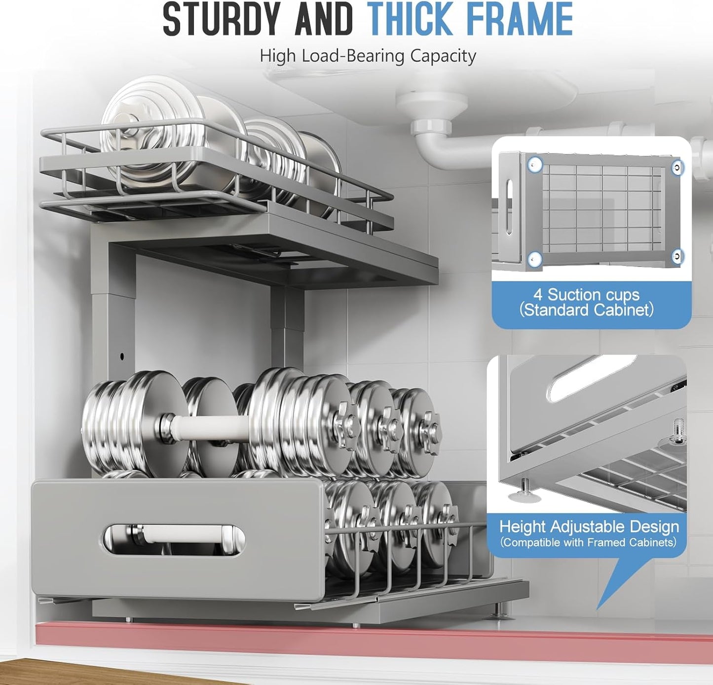 1 Pack Under Sink Organizer Upgrade to Professional Rails,2-Tier Dual Pull Out Cabinet Storage,Height Adjustable Slide Out Drawers for Bathroom Kitchen,Under Sink Shelf-Gun Gray