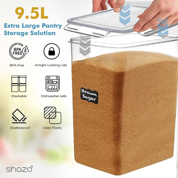 Shazo 2 PC (9.5L | 321 Oz) Extra Large Bulk Food Storage Containers with Airtight Lids for Flour, Sugar, Rice, Cereal & Pasta - Leakproof, BPA-Free Plastic Canisters for Kitchen & Pantry Organization - Image 5