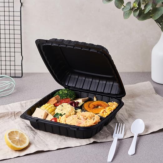 FULING 9X9 3-Compartment 50-Pack Plastic Clamshell Takeout Food Trays Heavy Duty Togo Disposable Box For Pasta Salad Sandwich Carryout Hinged Containers With Secure Snap Lid - Image 4