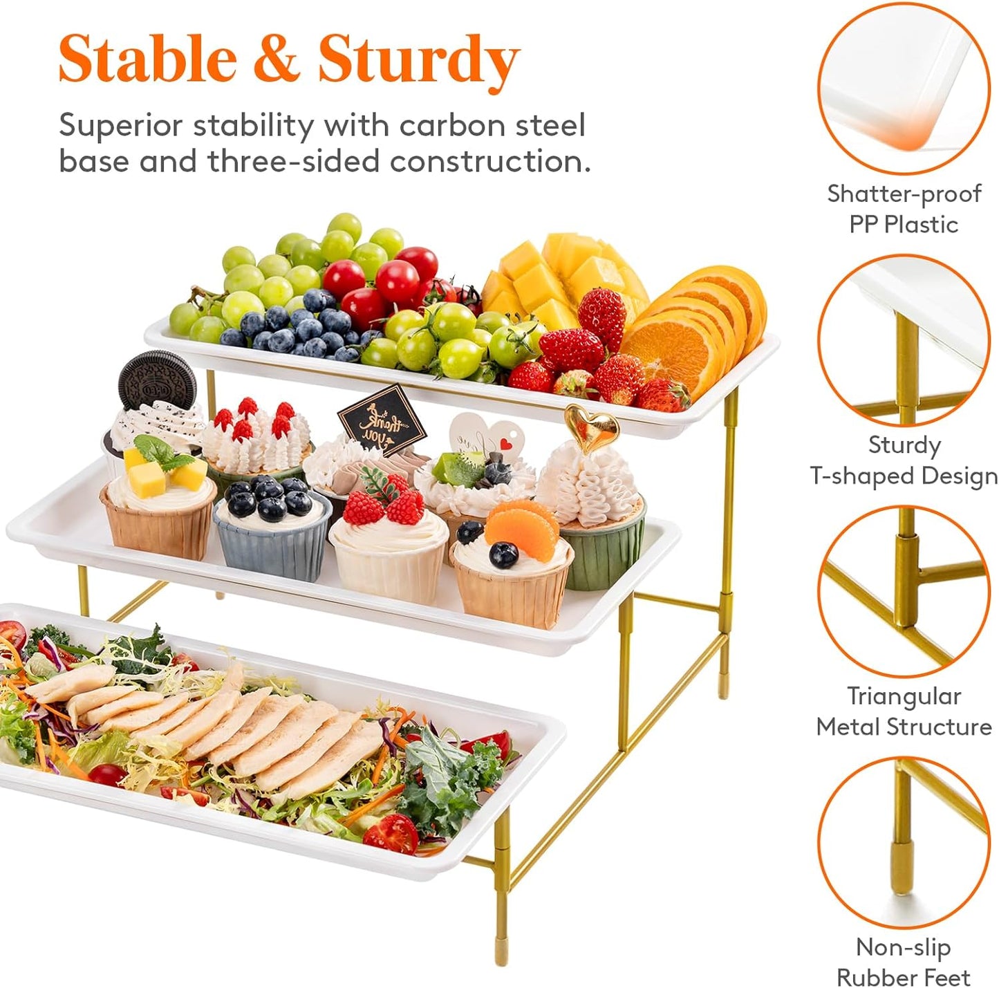 Lifewit Plastic 3 Tier Serving Tray for Party Supplies, 14" x 6.5" Crack-Proof Platters for Serving Food, White Reusable Trays with Yellow Metal Display Stand for Veggie, Fruit, Cookies, Dessert