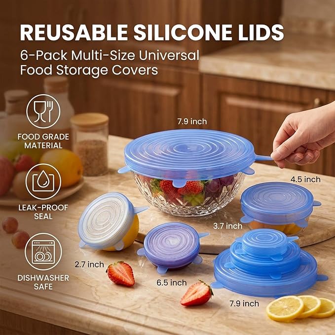 Silicone Stretch Lids 6 Pack Reusable Food Storage Covers, Blue+White 2 Set | 6 Reusable Silicone Stretch Lids • Flexible Fit • Food Storage • Microwave & Freezer Safe • Multi-Size Kitchen Covers - Image 3