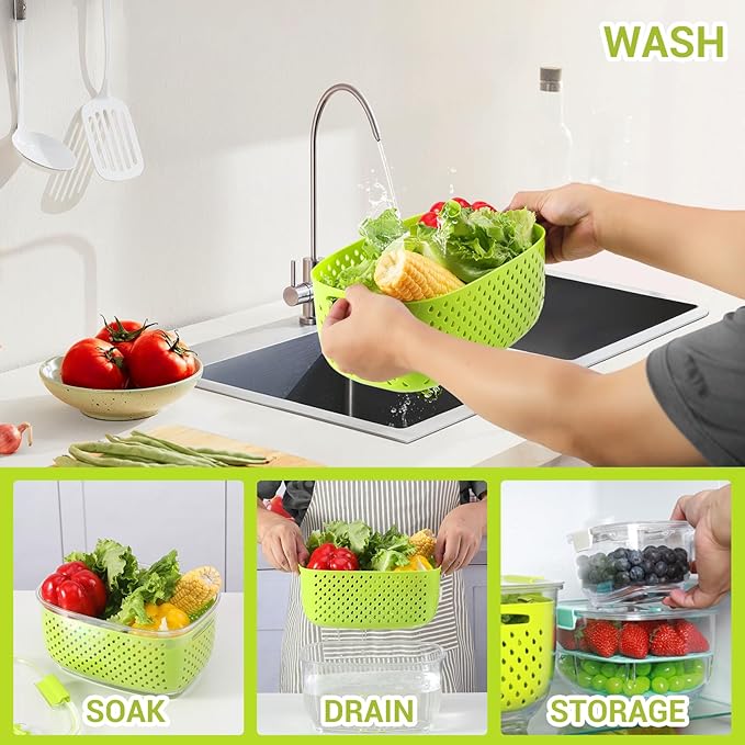 LUXEAR Fresh Produce Vegetable Fruit Storage Containers 3Piece Set, BPA-free Fridge Storage Container, Partitioned Salad Container, Fridge Organizers, Used in Storing Fruits Vegetables, Green - Image 4
