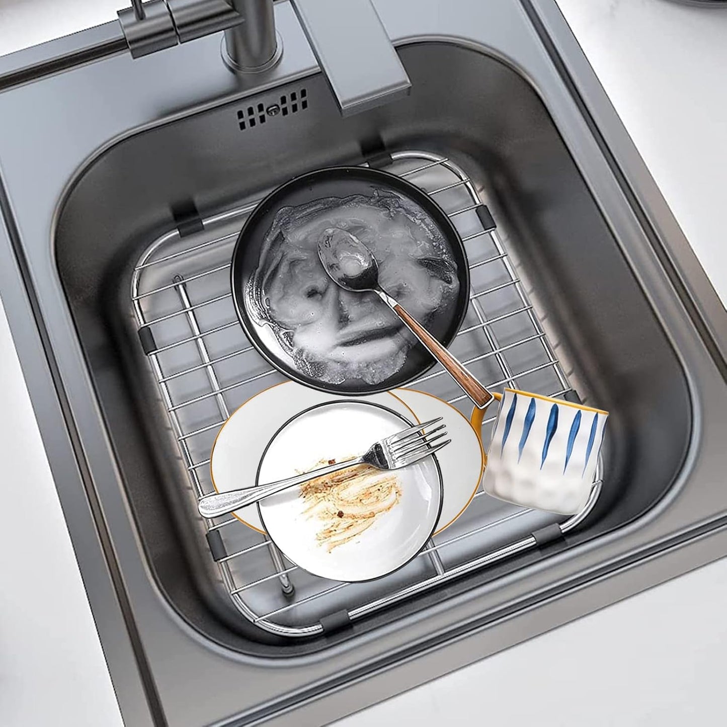 Orgneas Sink Protectors for Kitchen Sink, Universal Double Bowl Sink Bottom Grid 13.2"x11.6"x1.25", 304 Premium Stainless Steel Kitchen Sink Protector Grid Sink Grate Rack Rear Drain 2 Packs