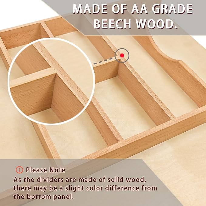 Silverware Drawer Organizer - Trim-to-Fit with Adjustable Dividers for Kitchen Utensil Storage, Beech Wood Frame with 11 Sizes (10.24" W x 22" D) - Image 5