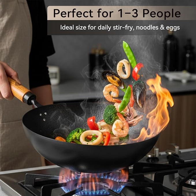 WANGYUANJI Carbon Steel Wok Pan 11 Inch - Round Bottom Traditional Pow Wok (Requires Gas Stove & Wok Ring) - No Coating Hand Hammered Stir Fry Pan with Lid & Detachable Handle - Image 2
