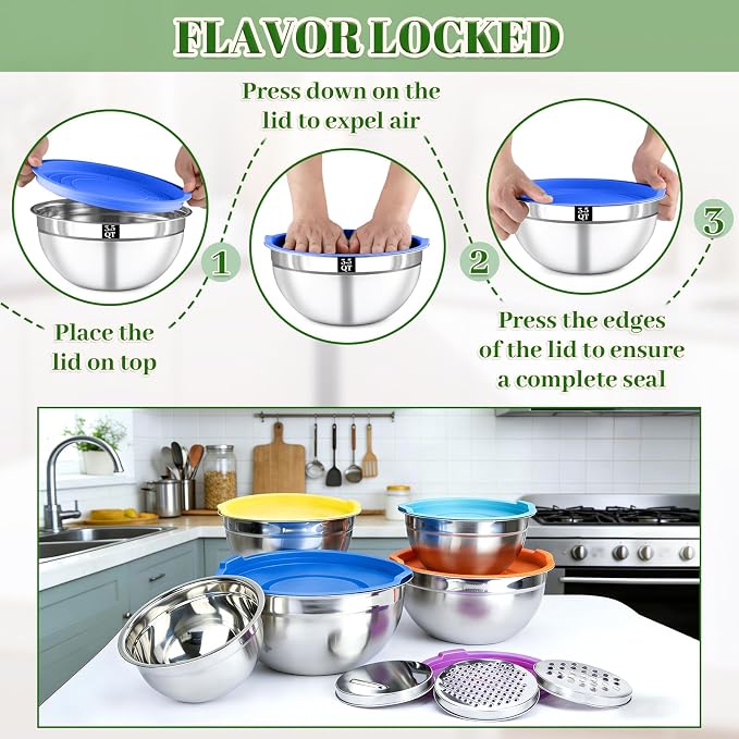 8PCS Mixing Bowls with Lids Set - 5 Nesting Mixing Bowls, 3 Grater Attachments, Lids, Stainless Steel Mixing Bowls for Mixing & Serving, Size 1.5/2.1/3.5/4/4.5 QT, Colorful - Image 5