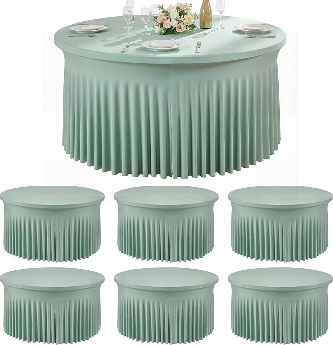 6 Pack Sage Green Spandex Round Tablecloths for 60 inch Table, Wrinkle Free Stretchy 120inch Fitted 5FT Round Table Cover Cloths with Skirt for Wedding Party Dining Banquet by Htper
