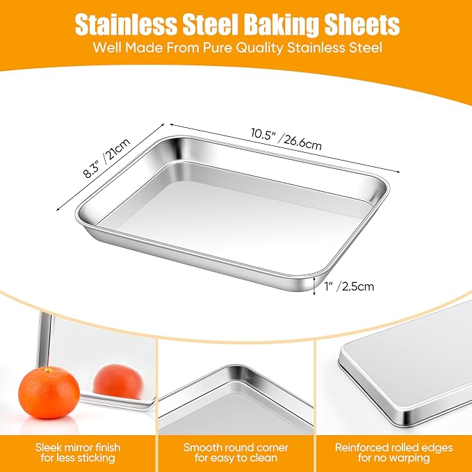 Homikit 1 Pack 10x8 Inches Small Stainless Steel Baking Sheet | Non Stick Cookie Pan for Baking, Metal Toaster Oven Bacon Tray, Non Toxic, Rustproof, Dishwasher Safe, Mirror Finish - Image 2