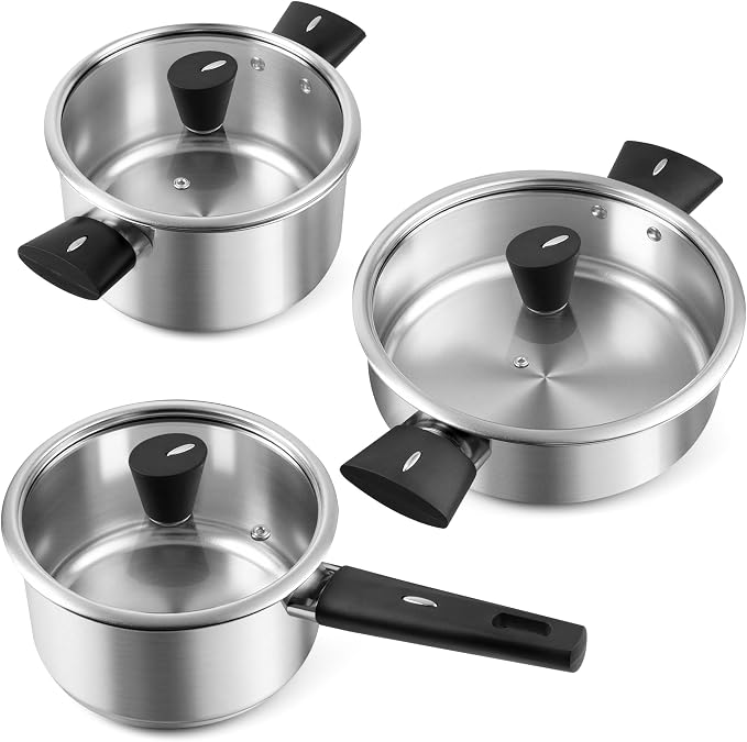 Meythway Stainless Steel Pots and Pans Set, 6-Piece Non Toxic Cookware Set with Glass Lids, Saucepan, Stockpot & Sauté Pan, Induction Compatible, Dishwasher Safe, Even Heating Kitchen Cooking Set by QualityMeetsElegance