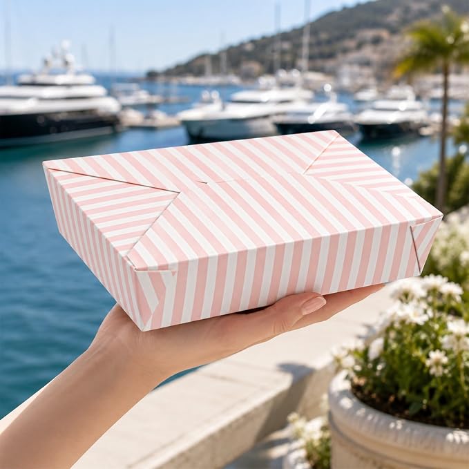 Restaurantware-Bio Tek 8.5 x 6.2 x 1.9 Inch Food Containers, 200 Durable Takeaway Boxes - Disposable, Striped, Pink And White Paper 49 Ounce Takeout Boxes, Rectangle, For Takeouts And Delivery - Image 5