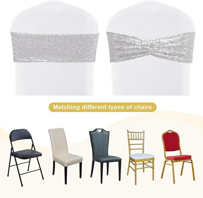 SquarePie Pack of 50 Sequin Chair Sashes Sliver Shiny Bows Bands for Wedding Banquet Party Chair Covers Decor - Image 6