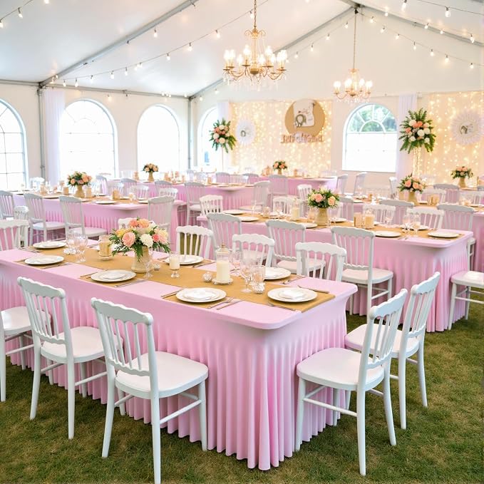 3pk Baby Pink Spandex Tablecloths for 6 Foot Rectangle Tables, Stretch Table Cloths 6FT Pink Fitted Table Cover Desk Skirt for Wedding Birthday Party Baby Shower - Image 3