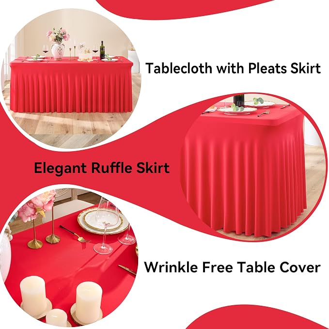 4 pk Red Spandex Tablecloth 6ft with Ruffle Skirt,Wrinkle Free High Stretchy Fitted Tablecloths for 6 Foot Rectangle Tables,Pleated Spandex Table Covers 6ft for Christmas Parties Banquet Weddings - Image 2