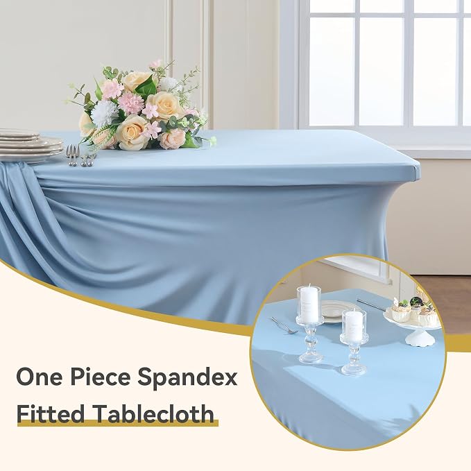 Spandex Tablecloth 6FT Rectangle Table Cover 6 Pcs Dusty Blue Wrinkle-Free - Image 2