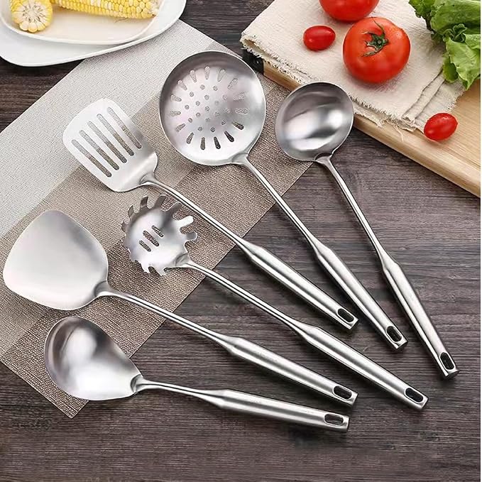 18/10 Stainless Steel Cooking Utensils Set 6 Pcs Metal Long Handle Kitchen Utensil, Spatula, Serving Soup spoon, Leaking shovel, Pasta Spoon Kitchen Tools Set (6 Pieces Set) - Image 8