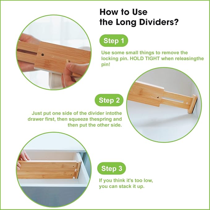 ANTOWIN Bamboo Drawer Dividers Organizers 16pcs, Expandable Drawer Separators Splitter, 17-22 inches Long Adjustable Spring-loaded Organizer for Large Utensil, Clothes, Tools Drawers (8+8) - Image 8