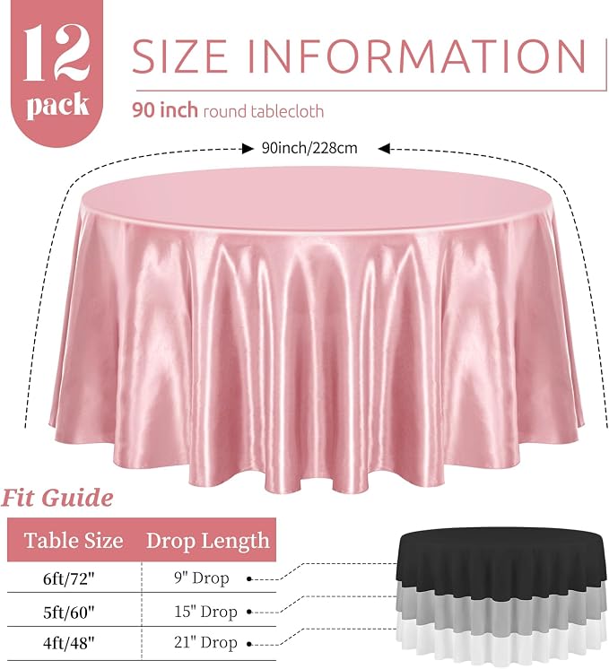 12 Pack 90 Inch Round Satin Tablecloth, Rose Gold - Image 2