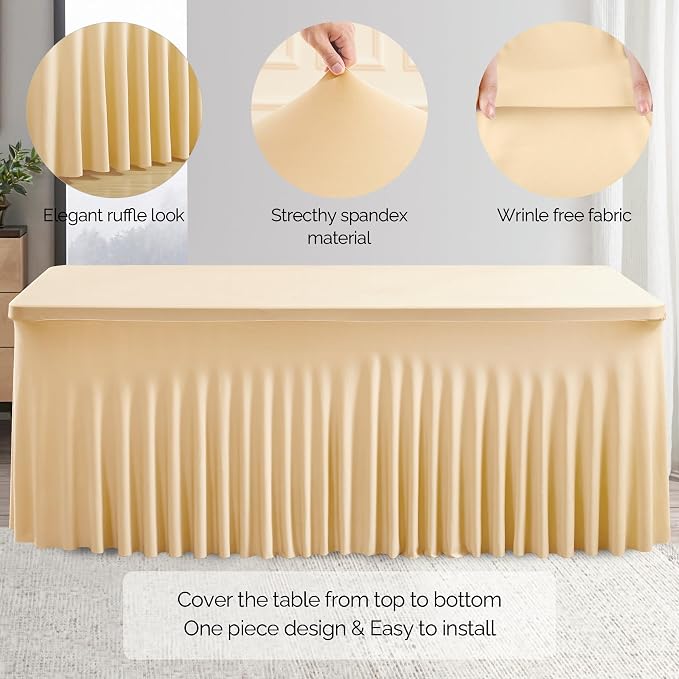 Wish Care 2 Pack Champagne Spandex Table Clothes for 8 Foot Rectangle Tables, 8FT Wrinkle Free Fitted Tablecloths Ruffles Design Table Cover for Party, Banquet, Wedding and Events - Image 2