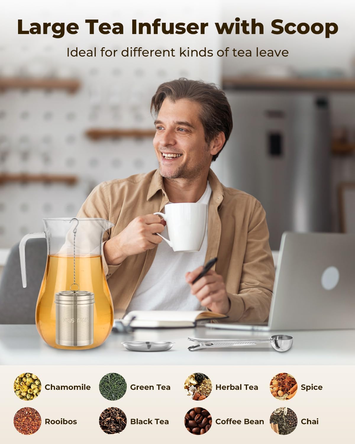 House Again Large Tea Infuser with Scoop, Extra Fine Mesh Tea Strainers for Loose Tea & Spice Infuser for Cooking, 304 Stainless Steel, Loose Leaf Tea Steeper for Brew Tea Spices & Seasonings