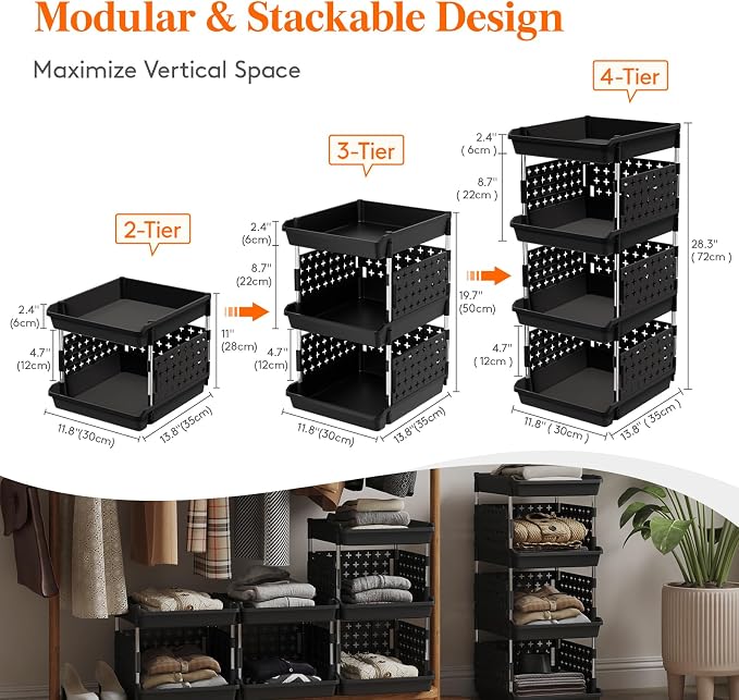 Lifewit 4 Tier Plastic Stackable Storage Baskets for Clothes 2 Pack, Black - Image 4