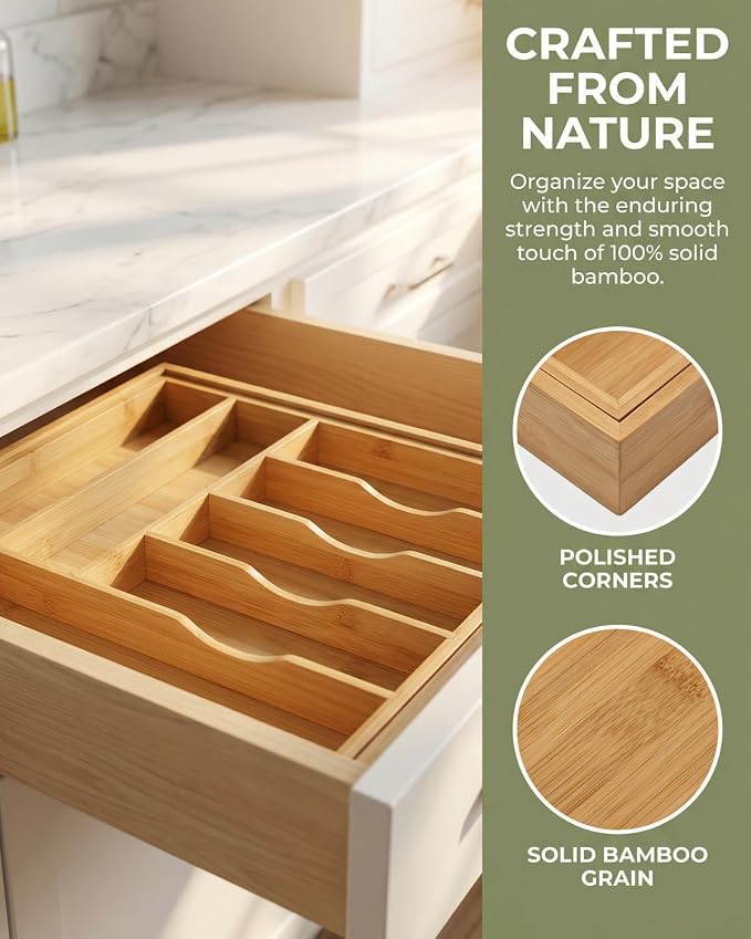 Expandable Bamboo Silverware Drawer Organizer, 5-7 Compartments - Image 4