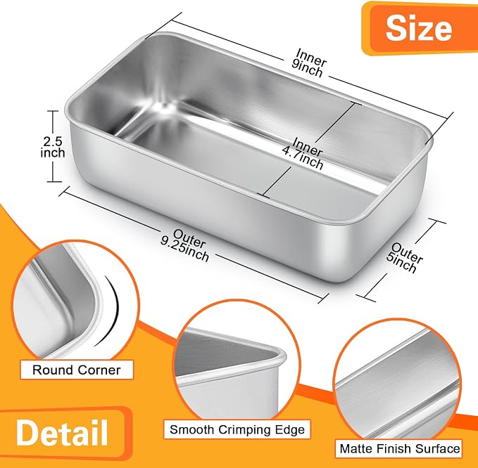 E-far Stainless Steel Loaf Pan Set of 12, 9 x 5 Inch | Non-Toxic Bread Pan Tins for Baking Homemade Banana Cake Meatloaf Brownies, Healthy & Easy Release, Dishwasher Safe - Image 2