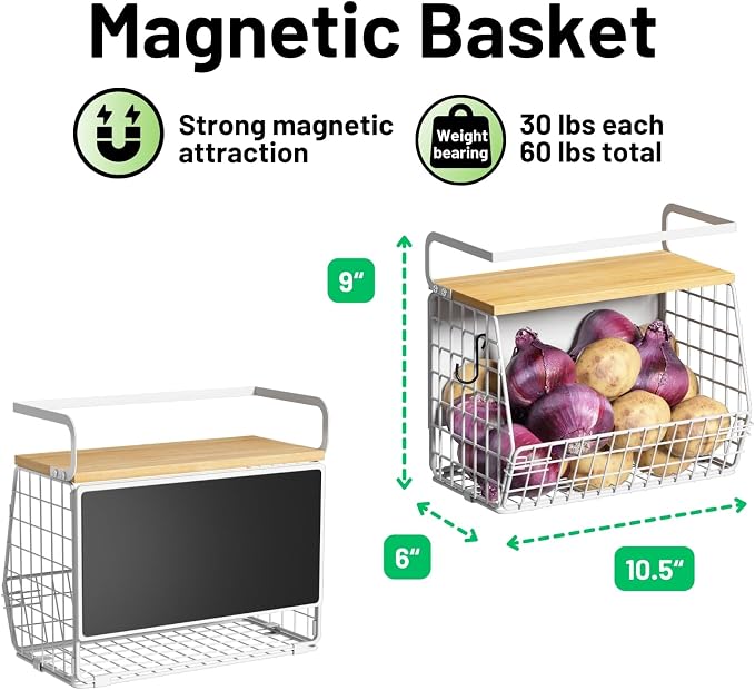 Ofiray-home Magnetic Shelf for Fridge with Wood Lid, Fruit Potato and Onion Storage Bins, Pantry Organizers & Storage, Large Container Magnetic Spice Rack for Refrigerator, Kitchen Counter (White, 2) - Image 5