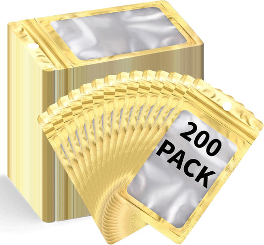 200 Pack Resealable Mylar Holographic Bags Food Storage Smell Proof Bags with Front Window Foil Packaging Pouch for Candy Sample Jewelry Small Business 3.15×5.51 Inch, Gold