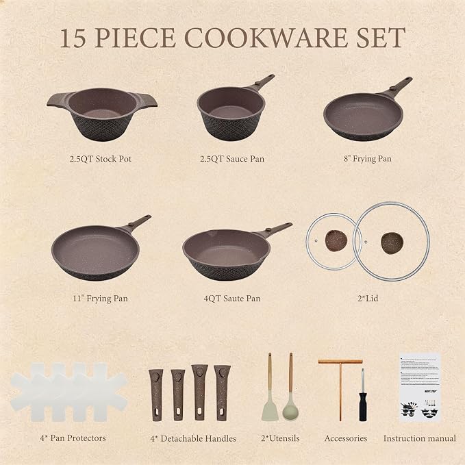 15-Piece Pots and Pans Set, Non Stick with Detachable Handle, Nonstick Cookware Sets, Kitchen Cooking Set, Camping Cookware, Dishwasher & Oven Safe, Brown（Fish Scale Shaped) - Image 5