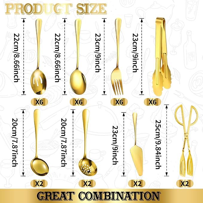 32 Piece Stainless Steel Serving Utensils Set - Complete Buffet Serving Spoons, Tongs, Ladles, Spatulas for BBQ, Parties, Weddings, Catering and Events (Gold) - Image 2