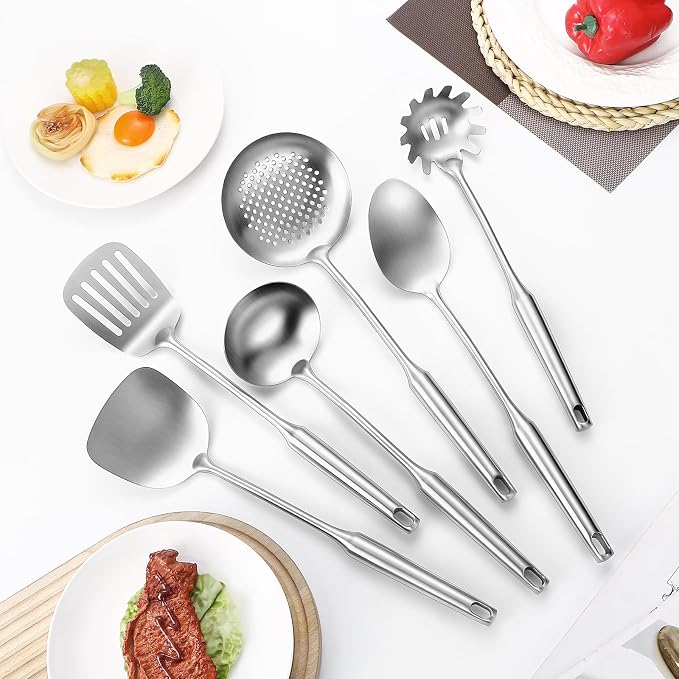 304 Stainless Steel Cooking Utensil,Kitchen Kitchen Utensil with Spatula, Solid Spoon, Ladle, Skimmer, Spaghetti Spoon, 6 Piece Set, Dishwasher Safe - Image 3