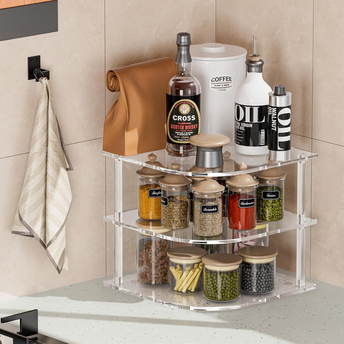 Plate Organizer for Cabinet Space Saver - Clear Acrylic Corner Shelf for Dishes, Bowls - 3-Tier Kitchen Cabinet Plate Organization, Dinner Plates Holder, and Small Shelf for Bathroom Storage