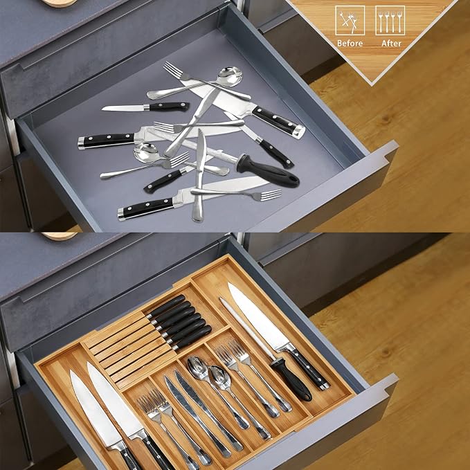 VaeFae Bamboo Silverware Drawer Organizer and Bamboo Knife Drawer Organizer Insert Bundle - Image 5