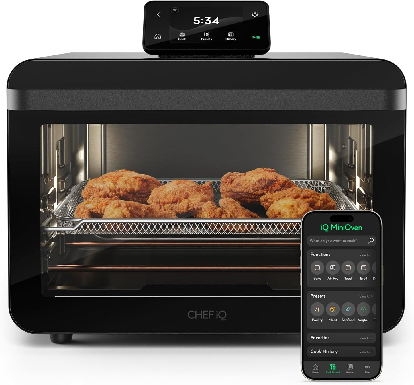 CHEF iQ MiniOven Smart Toaster Oven Air Fryer Combo, 11-in-1 Countertop Convection Oven, Bake, Broil, Air Fry, Broil, Dehydrate, 1750W, 25 Qt Capacity, Fast Cooking with Touchscreen Controls – Black