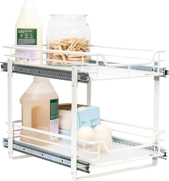 Household Essentials Glidez Multipurpose Paint-Finished Steel Pull-Out/Slide-Out Storage Organizer for Under Cabinet Use - 2-Tier Design - Fits Standard Size Cabinet or Shelf, White by HouseholdEssentials