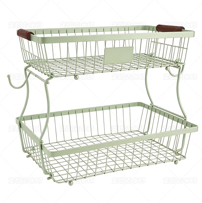2-Tier Stackable Wire Basket with 2 Banana Hooks, Pantry Organizer for Kitchen Countertops, Cabinets & Under-Sink Spaces; Ideal for Storing Snacks, Fruits, Veggies, Onions, Potatoes, & More,Green by Lawhood-Mijin
