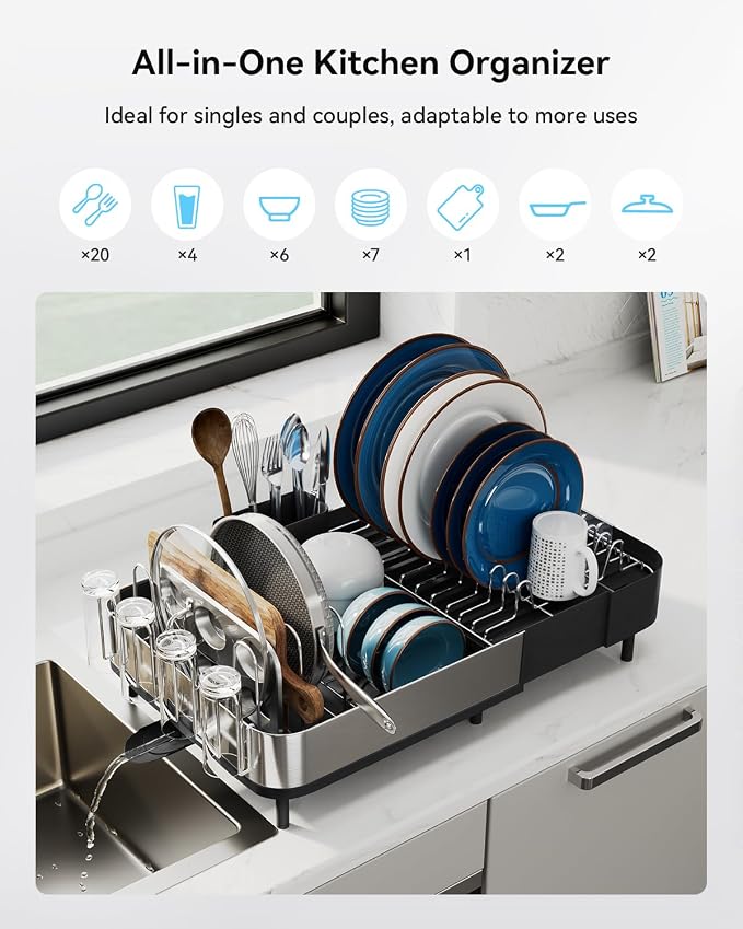 SUNLY Expandable Dish Drying Rack, Versatile Brackets for Pots & Pans, Space Saving Kitchen Drying Rack, Dish Racks for Kitchen Counter, Stainless Steel Dish Drainers with Extendable Spout, Black - Image 2