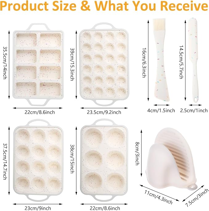 7 Pcs Silicone Baking Pan Set Nonstick Bakeware Set Include Loaf Muffin Mini Muffin and Round Pan, Spatula, Dual-head Pastry Brush Oven Mitts for Cupcakes Brownies Bread, Confetti Design - Image 3