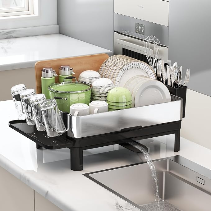 BOOSINY 1 Tier Large Stainless Steel Dish Drying Rack with Drain Board - Image 2