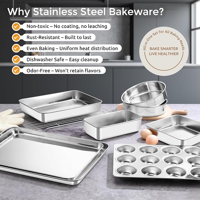 E-far 9-Piece Baking Pan Set, Stainless Steel Bakeware Sets for Sheet Cake Cookie Loaf Muffin, Include Baking Sheet, Round Square Rectangle Baking Pan & Cooling Rack, Dishwasher Safe - Image 5