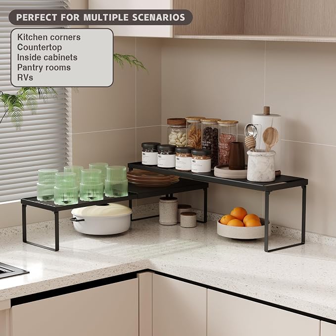 Magheo Expandable Cabinet Shelf Organizer, 1 Pack Stackable Kitchen Counter Shelf Riser, Metal Spice Rack Heavy Duty Countertop Organizer Storage for Kitchen, Pantry, Cupboard, Rv (5.9in Height,Black) - Image 4