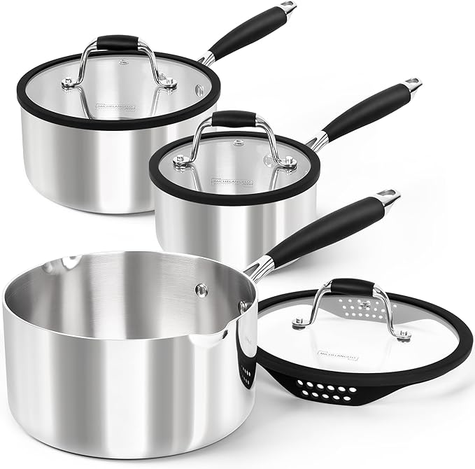 MICHELANGELO Triply Stainless Steel Saucepan Set with Strainer Lid, Heavy-duty Sauce Pan with Lid, Multipurpose Sauce Pot Induction Compatible - 1QT & 2QT & 3QT by Michelangelo