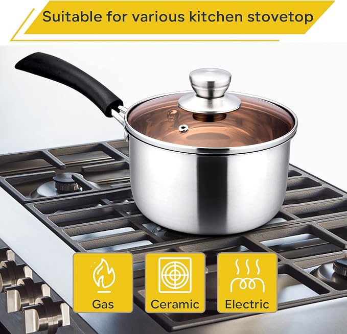 E-far 2 Quart Saucepan with Lid, Stainless Steel Small Pot for Cooking - Image 3