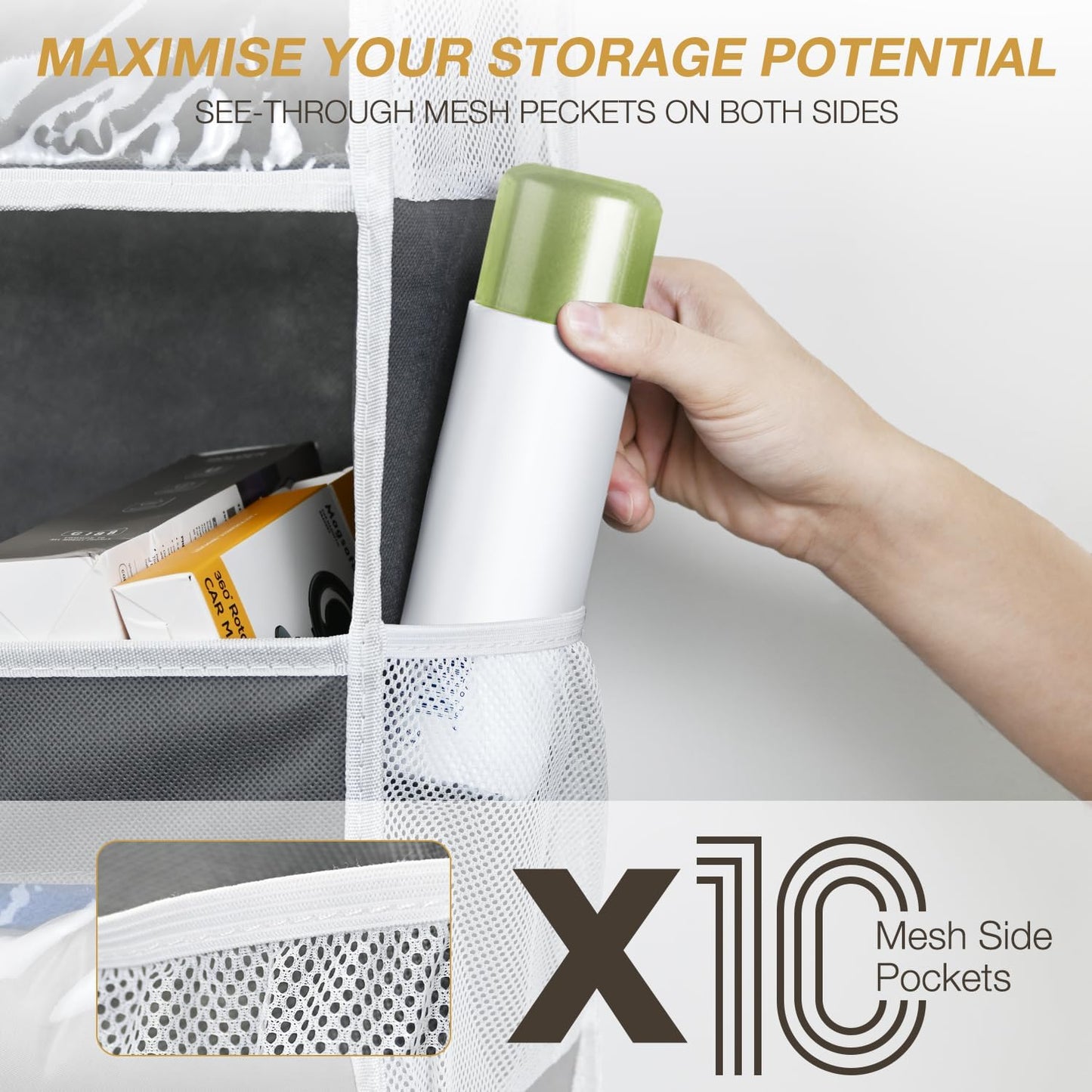 Over the Door Organizer with 5 Front & 10 Mesh Side Pockets, 50LB Capacity Extra Large Hanging Storage Organizer Multi-Room Space-Saving Design with 3 Sturdy Hook for Closet, Bathroom, Kitchen, Pantry